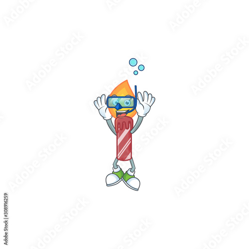 Smiling red stripes candle cartoon character style wearing Diving glasses