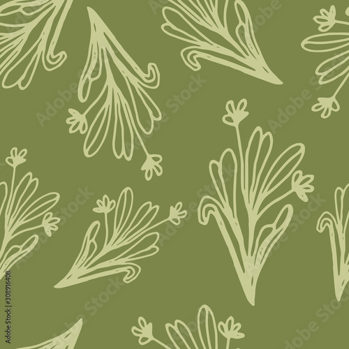 Floral seamless pattern in line art style.  Abstract botanical print of flowers, leaves, twigs. Textile design texture. Spring blossom background. Vector illustration.