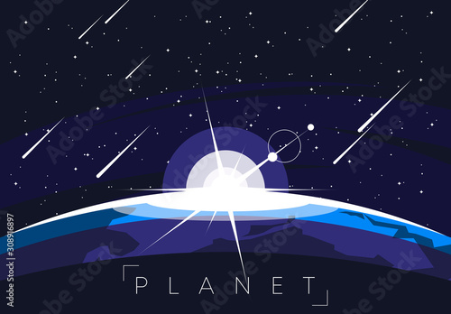Vector illustration of a planet in the foreground against the background of space and stars