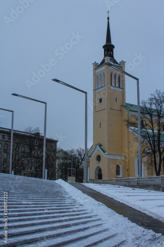 View of St. John's Church in Tallinn Old Town in winter. Estonia