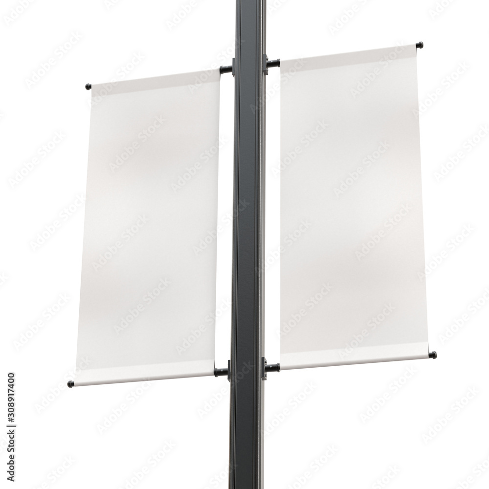 Empty Double Lamp Post Banner Isolated on White Background. Realistic 3D Mockup. Empty Double Lamp Post Banner Isolated on White Background. Realistic 3D Mockup.
