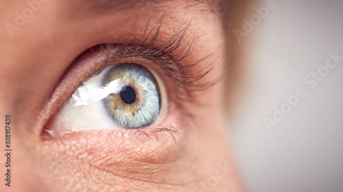 Slika na platnu Extreme Close Up Of Eye Of Woman Against White Studio Background