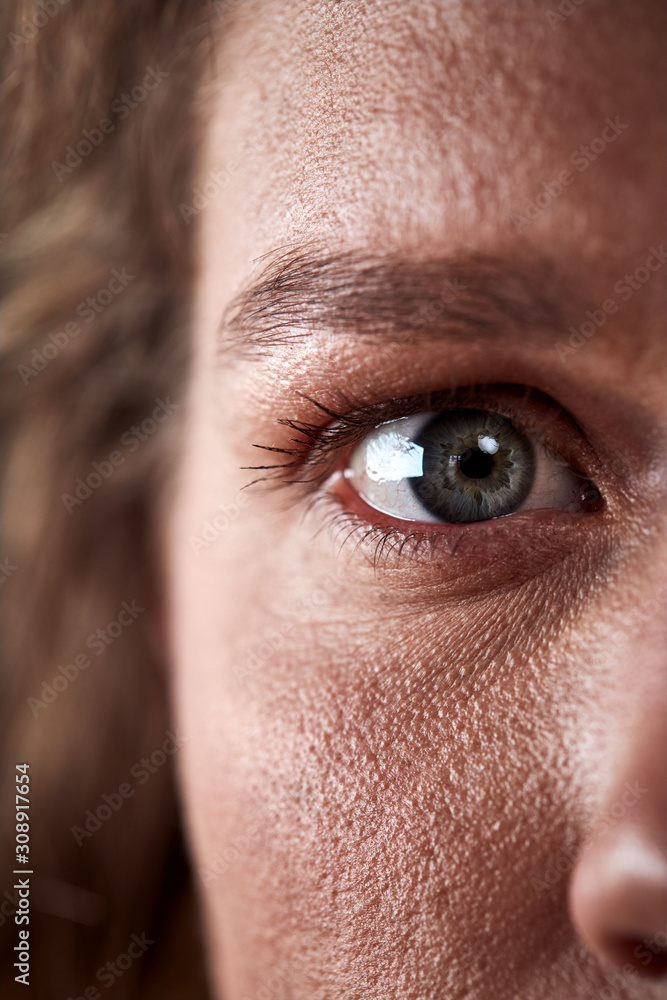 Close Up Of Eye Of Woman Looking Scared Against Black Studio Background Close Up Of Eye Of Woman Looking Scared Against Black Studio Background