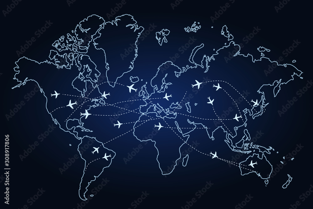 The contour of the world map on a dark background, airplanes with a motion path: traveling around the world, concept. Vector illustration - obrazy, fototapety, plakaty 