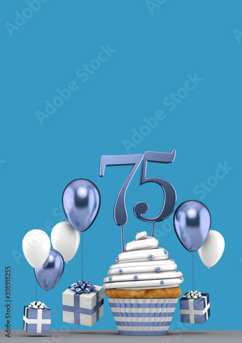 Number 75 blue birthday cupcake with balloons and gifts. 3D Render