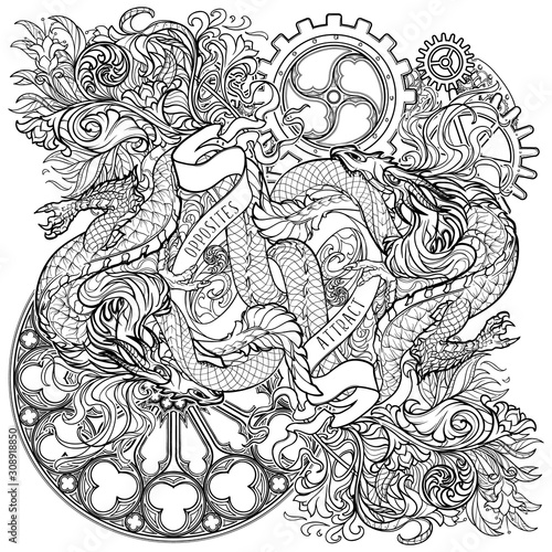 Two dragons fighting Black and white