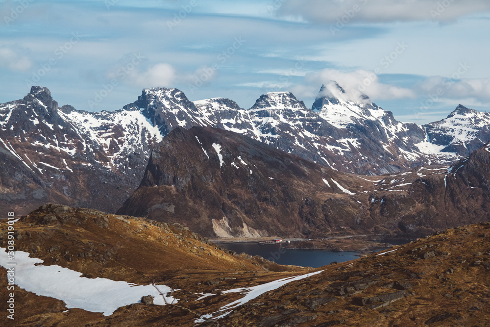 Norway mountains and landscapes on the islands Lofoten. Natural scandinavian landscape. Place for text or advertising