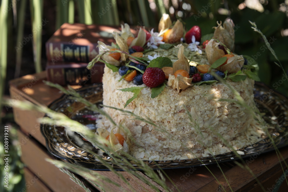 russian cake Napoleon with fruits