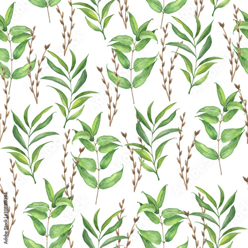 Floral watercolor seamless pattern with bright green twigs on a white background.