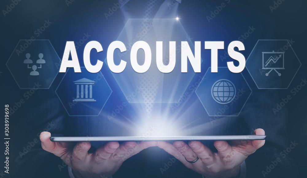 Businessman holding a computer tablet display projecting an Accounts concept.