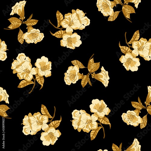 Gold flowers on a black background. Seamless vector pattern for fabric, Wallpaper, wrapping paper design.