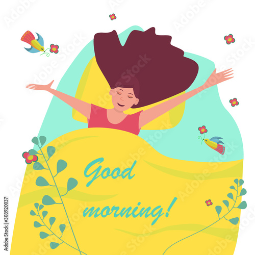 Beautiful girl lies in bed. Young woman stretches up  spread her arms to the side. Brunette with closed eyes and long hair smiles. Hair scattered across the pillow. Vector flat cartoon illustration.