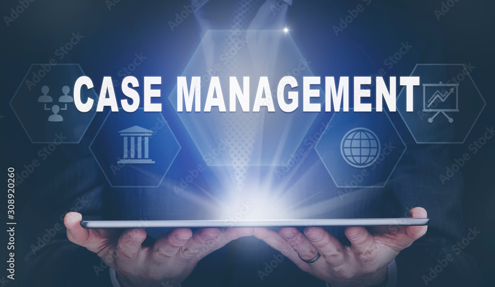 Businessman holding a computer tablet display projecting a Case Management concept.
