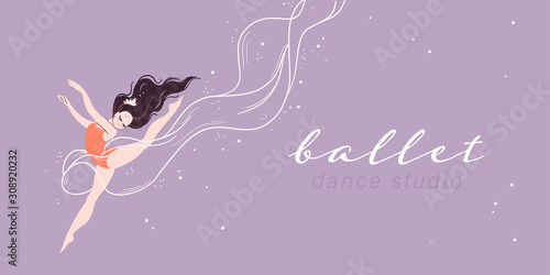 Beautiful magic banner with dancing ballerina girl isolated on light background. Flat cartoon style, pastel colors. For ballet learning, dance school, fairy party poster, card. Vector illustration.