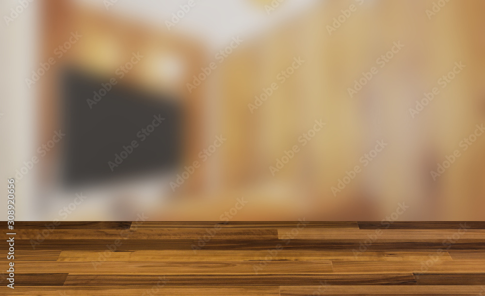 Empty interior with large window. Retro light bulb. The floor is of brown parquet. 3D rendering. wooden table. blurred background Empty interior with large window. Retro light bulb. The floor is of brown parquet. 3D rendering. wooden table. blurred background