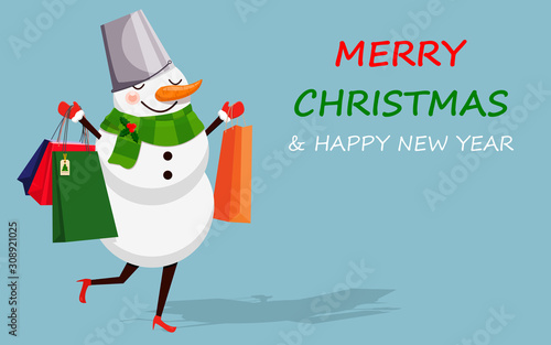 Snowman with shopping bags on blue background. Christmas background in flat design vector illustration.
