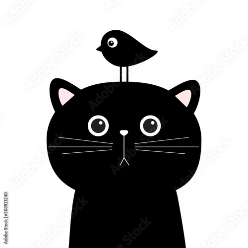 Black cat face head silhouette and bird. Cute cartoon character. Kawaii animal sticker. Baby card. Sad emotion. Pet collection. Flat design style. White background. Isolated.
