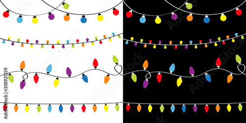 Christmas lights set. Four lightbulb glowing garland. Holiday festive xmas decoration. Colorful string fairy light Rainbow color. Flat design. Black and white background. Isolated. photo