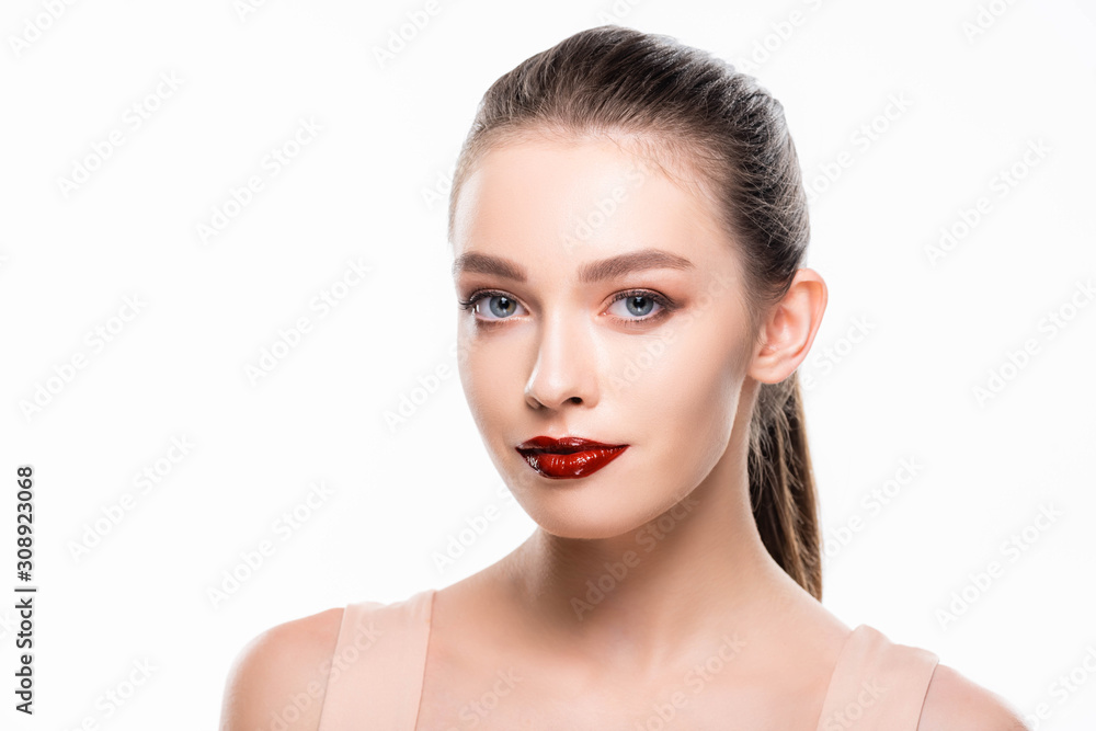 beautiful young woman with makeup looking at camera isolated on white beautiful young woman with makeup looking at camera isolated on white