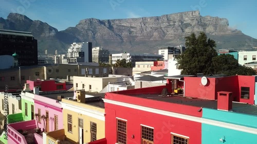 Aerial Drone shot of Bokaap Wale Street and Green Point between Strand Street and Rose Street in Cape Town, South Africa. Sunny day with Table Mountain. Mixed-use developments photo