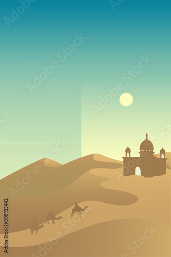 Minimalist desert panorama landscape with sand dunes and mosque on very hot sunny day summer concept. Scenery nature  background vector illustration