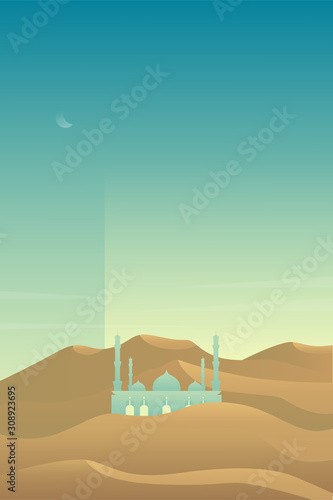 Minimalist desert panorama landscape with sand dunes and mosque on very hot sunny day summer concept. Scenery nature  background vector illustration