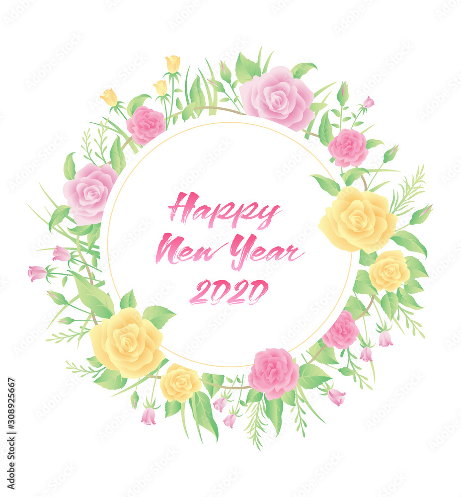 Floral frame watercolor with happy new year text