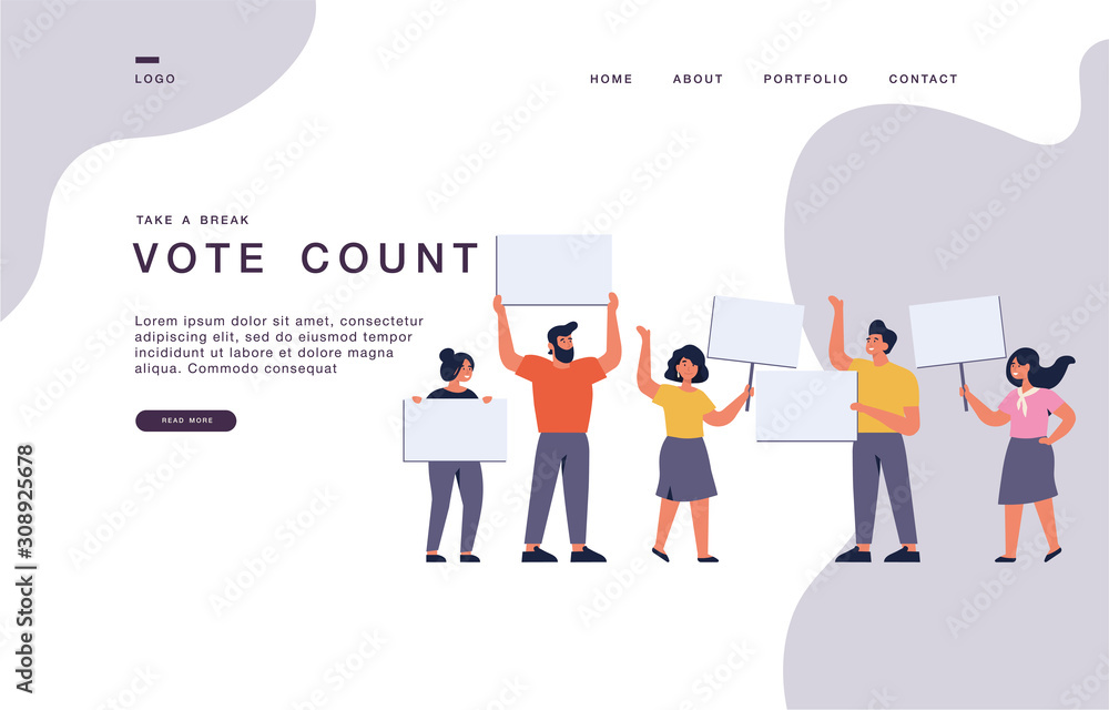 Landing page template for websites with young men and women holding clean placards. Vote count concept banner illustration.