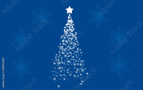 Illustration of a Christmas tree made of stars, and snowflakes on the sides. Background for site, Christmas cards, gifts, handkerchiefs, boxes. Different colors.