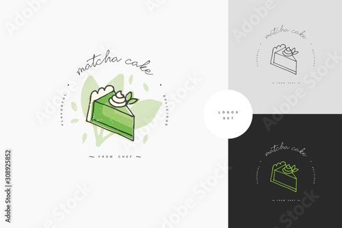 Matcha tea linear design element - matcha cheesecake emblem, symbols. Matcha dessert template or logo.