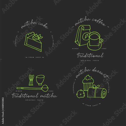 Matcha tea linear design elements, set of matcha products emblems, symbols, icons or tea, coffee or dessert labels and badges collection