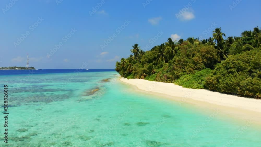 Pristine tropical beach with white sand, palm trees and turquoise water on a sunny day Pristine tropical beach with white sand, palm trees and turquoise water on a sunny day