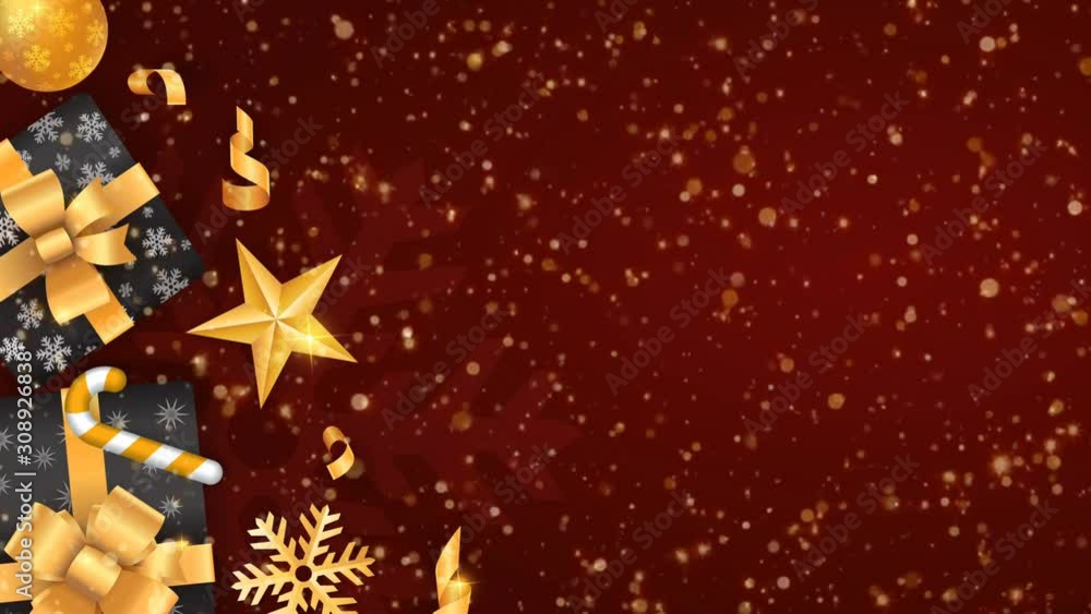 Merry Christmas and Happy New Year red looped background footage with golden glitter elements and snow Merry Christmas and Happy New Year red looped background footage with golden glitter elements and snow