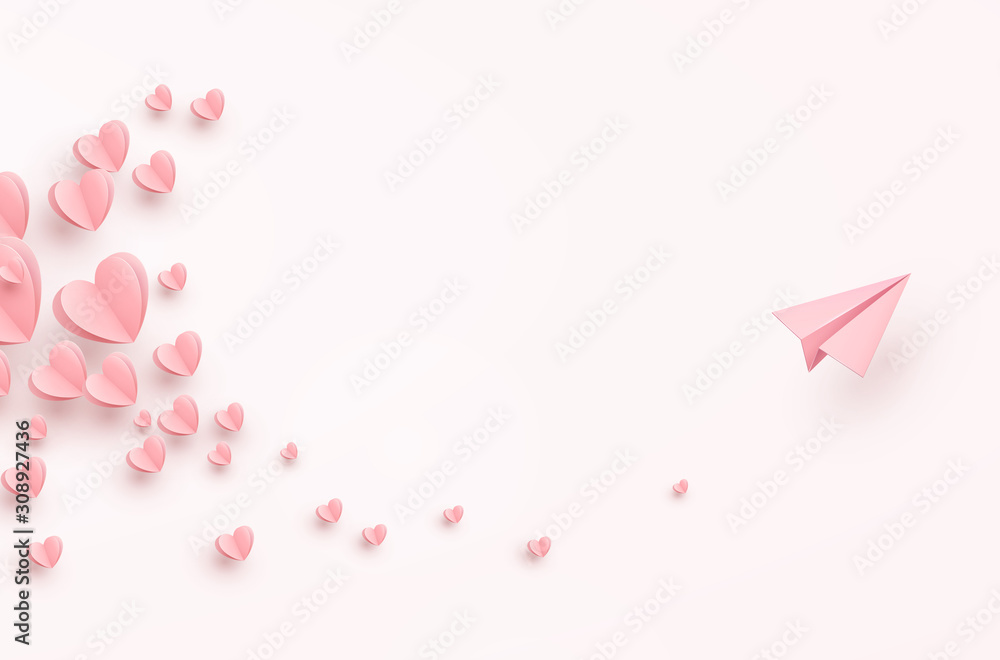 Hearts with plane postcard. Paper flying airplane on pink background. Vector symbols of love for Happy Women's, Mother's, Valentine's Day greeting card design. - obrazy, fototapety, plakaty 