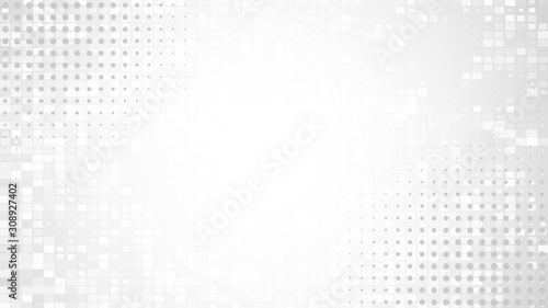 Abstract gray white background. White square shapes on gradient backdrop. Halftone and pixel pattern. Blank geometric presentation, poster, print, cover, banner template. Stock vector illustration