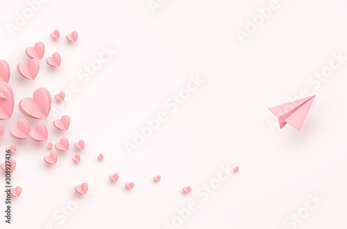 Hearts with plane postcard. Paper flying airplane on pink background. Vector symbols of love for Happy Women's, Mother's, Valentine's Day greeting card design.