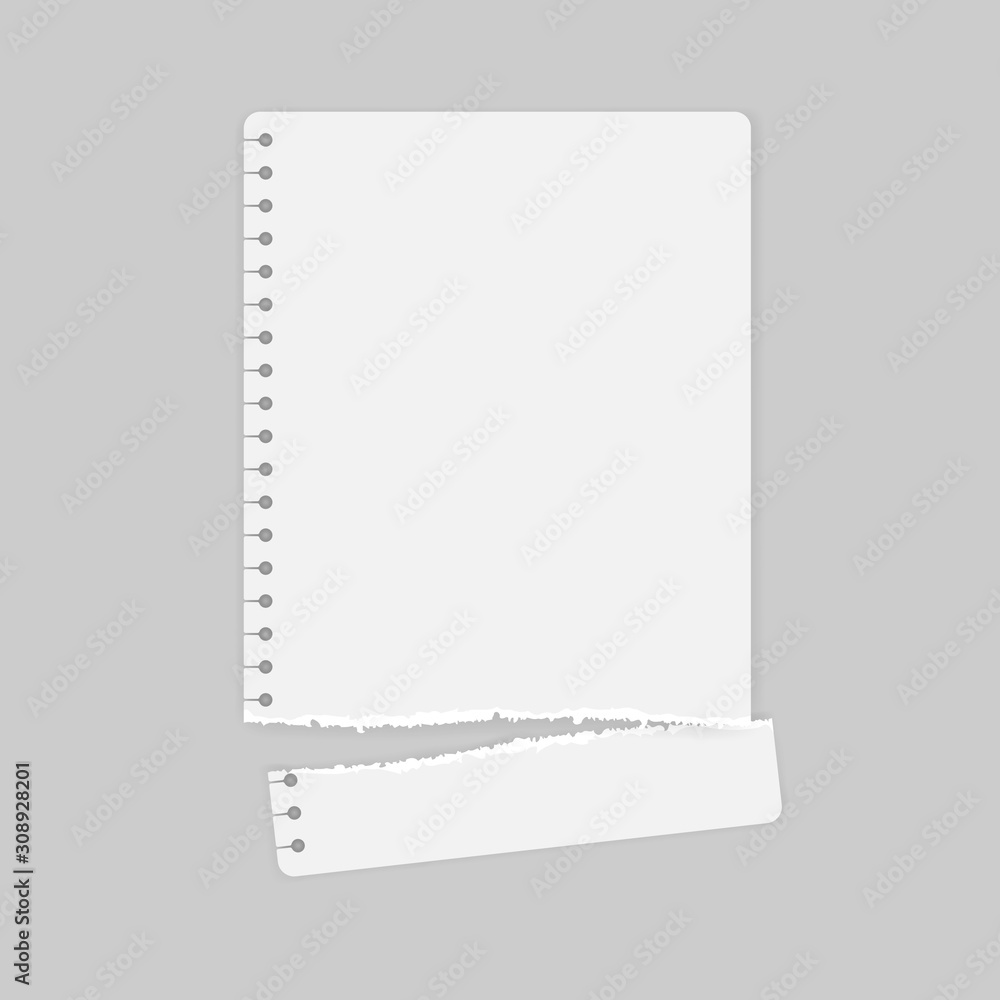 Torn white note, notebook strip, paper piece with soft shadow on white background. Vector illustration Torn white note, notebook strip, paper piece with soft shadow on white background. Vector illustration