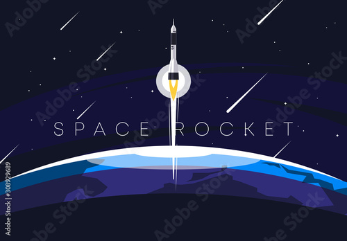 Vector illustration of a planet in the foreground against the background of space and stars, a space rocket takes off to orbit the planet