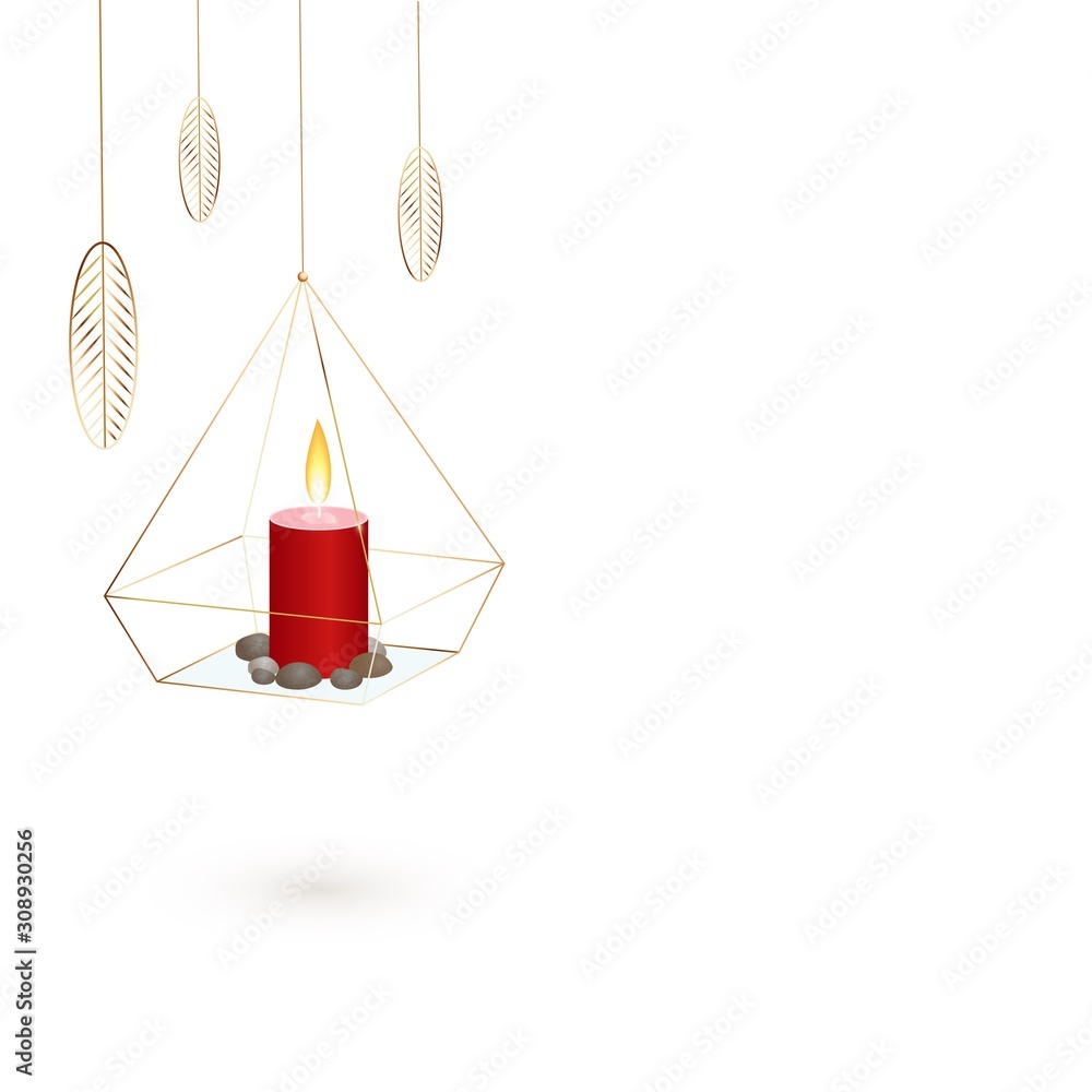 Vector illustration of hanging trendy geometric candlestick with burning candle, golden decor elements, copy space. Modern home interior decoration. Template for Valentines day, birthday, wedding.