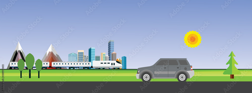Car drives on the road, train in the railroad, countryside landscape