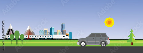 Car drives on the road, train in the railroad, countryside landscape