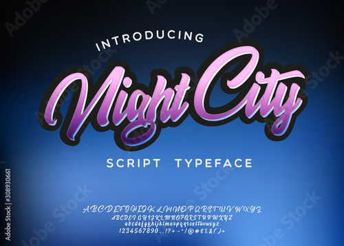 Night City. 3D script font in 1980s style. Illustration of 1980 retro neon poster. Futuristic landscape.