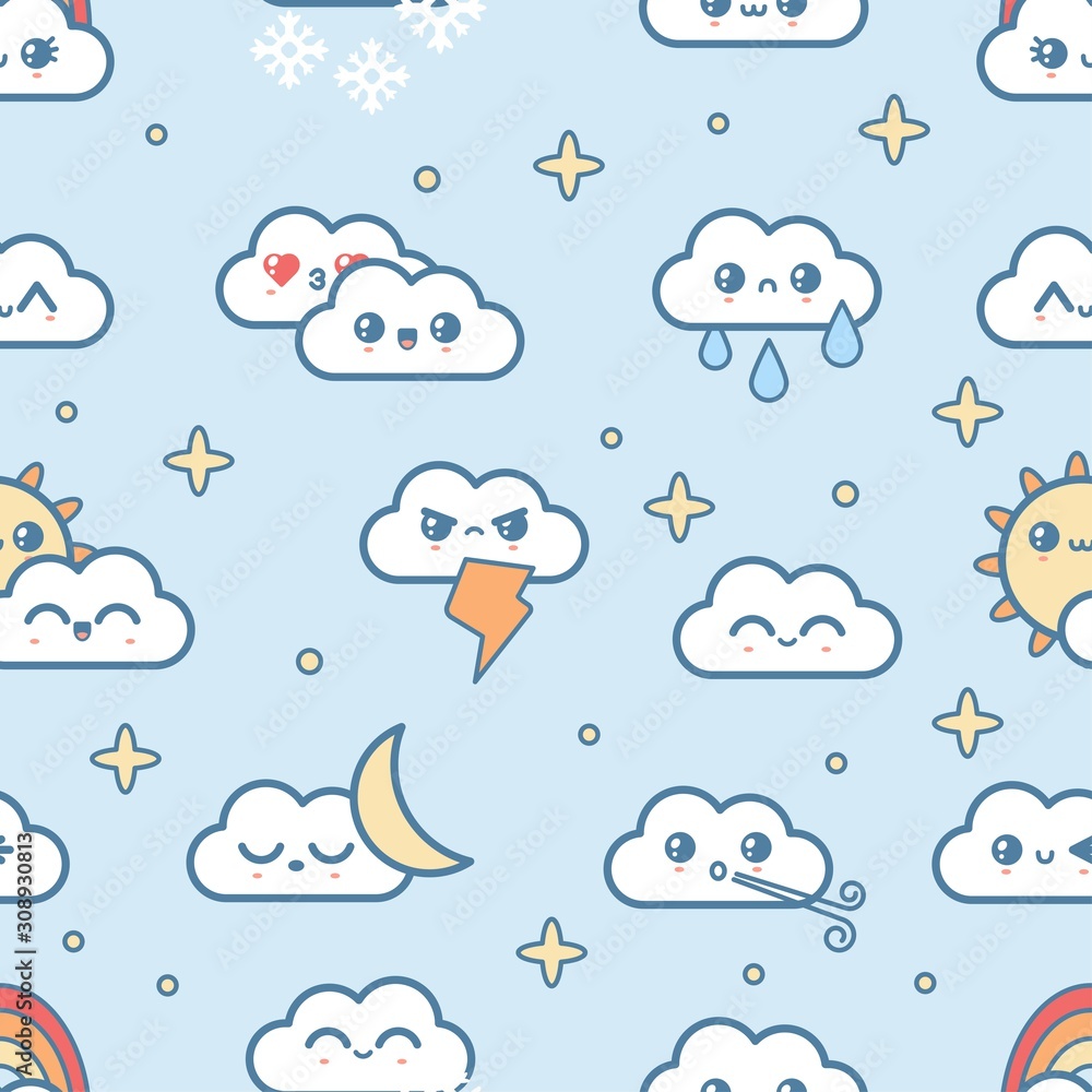 Cute kawaii weather icons. Clouds, rain, sun, stars, lightning, rainbow. Japanese cartoon manga style. Funny anime characters. Trendy vector illustration for kids. Seamless pattern. Blue background