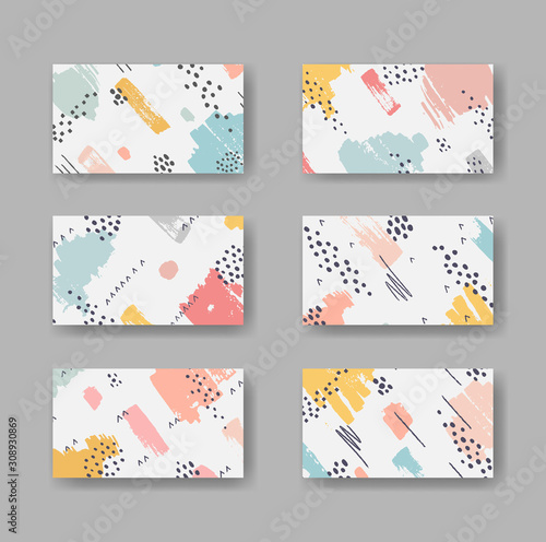 Set of six vector business cards with abstract brushstroke ornament	