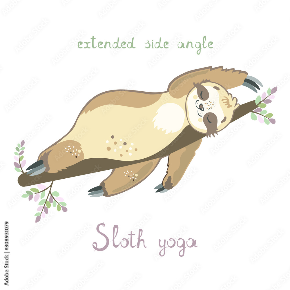 Fototapeta premium Cute sloth in extended side angle yoga position. Sloth doing yoga. Meditation. Unique hand-drawing vector illustration.