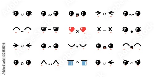 Cute kawaii icons. Various face expressions. Different eyes and mouths. Japanese cartoon manga style. Funny anime characters. Trendy vector illustration. Every icon is isolated on a white background