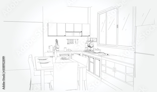 Hand drawn kitchen furniture. Vector illustration in sketch style. vector illustration kitchen furniture and equipment.