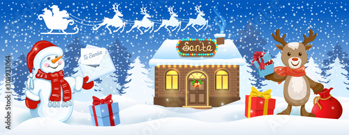 Christmas card with Snowman holding envelope with wish list,  deer with gift box and Santa's workshop against winter forest background and Santa Claus in sleigh with reindeer team flying in sky