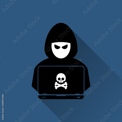 Hacker at laptop icon. Flat illustration of hacker at laptop vector icon for web design