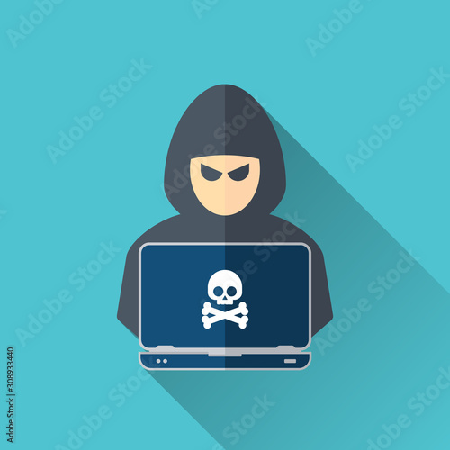 Hacker at laptop icon. Flat illustration of hacker at laptop vector icon for web design